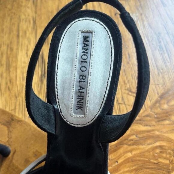 Manolo Blahnik Black White Slingback Heels Size 5.5 Suede Peep Toe Designer - Picture 6 of 7
